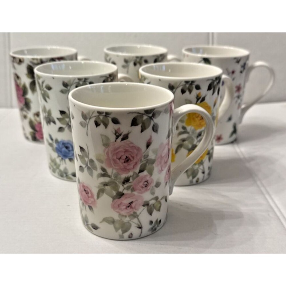 Home Essentials Roses Floral Tea Coffee Mug 12 Oz. Set of 6 Vintage EUC